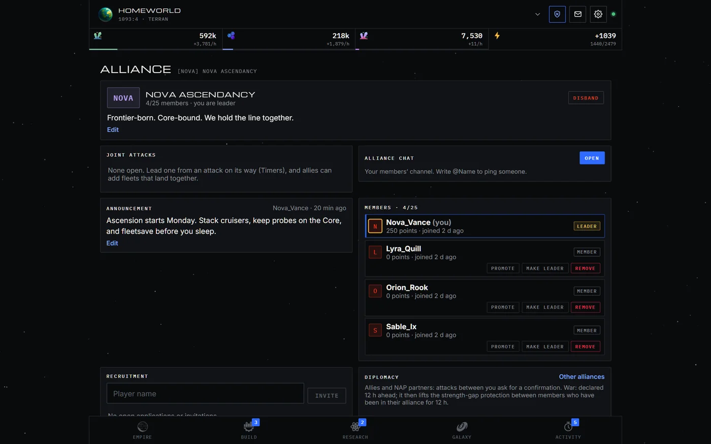 Desktop alliance overview with its member roster and diplomatic relations