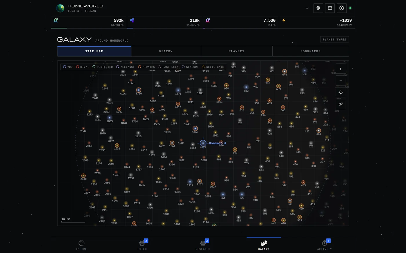 Desktop galaxy map showing neighbouring star systems, rivals and sensor coverage