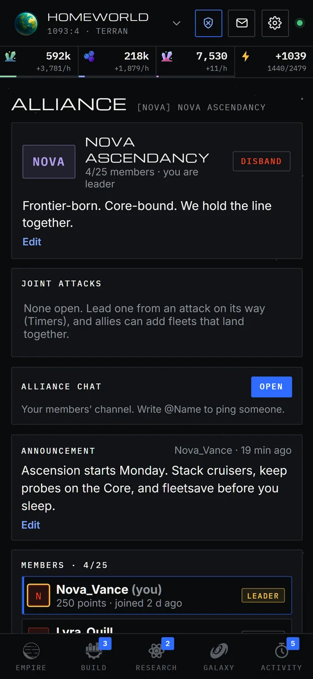 Alliance overview and roster on a phone