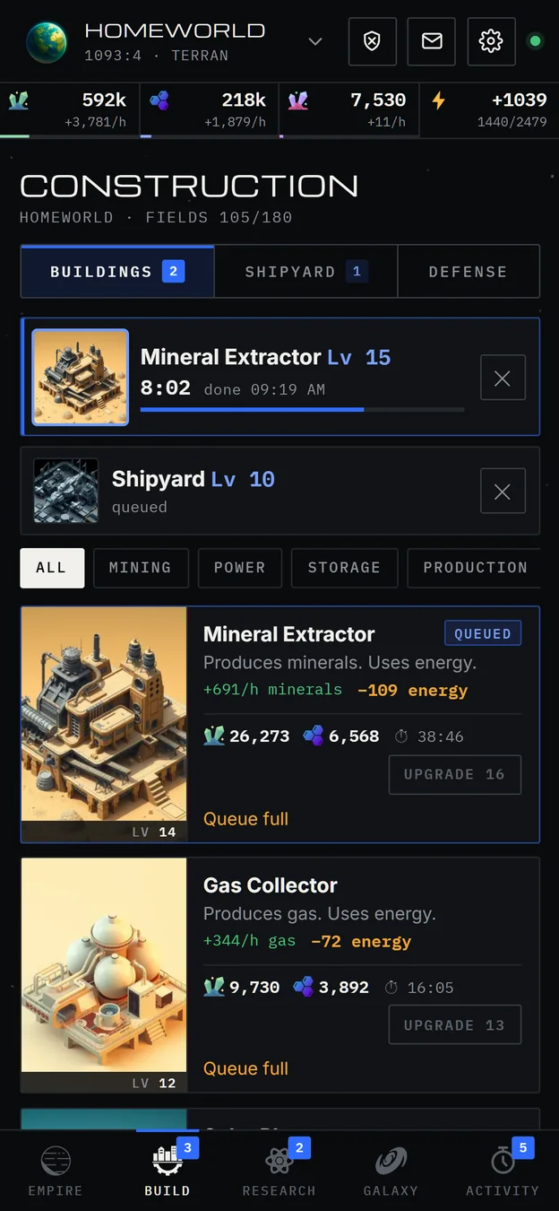 A phone construction screen showing a queued mine and shipyard
